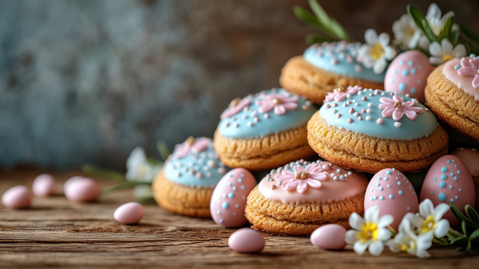 Colorful decorated cookies and chocolate eggs arranged with flowers for spring celebration
